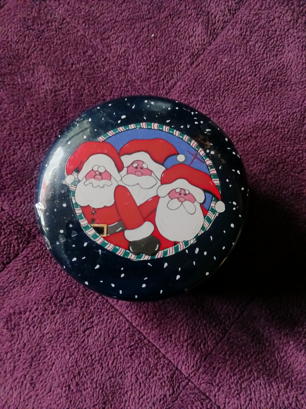 Festive Santa Trio Holiday Ceramic Trinket Jar.  Navy & Red